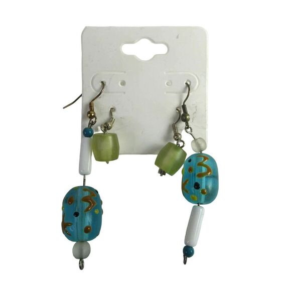 Silver Tone Fishhook Pierced Earrings Dangle Beaded Funky Green Blue 2 Pair Set - Picture 1 of 7